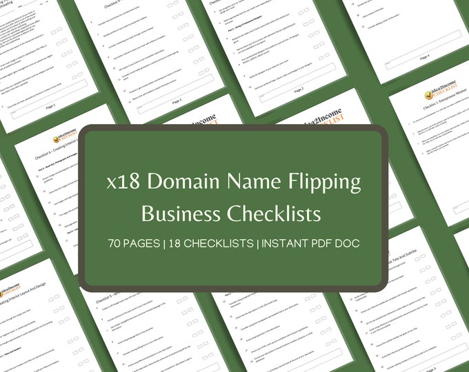 x18 Domain name flipping Checklists | 70 Pages Checklists bundle | Start a premium service domain business