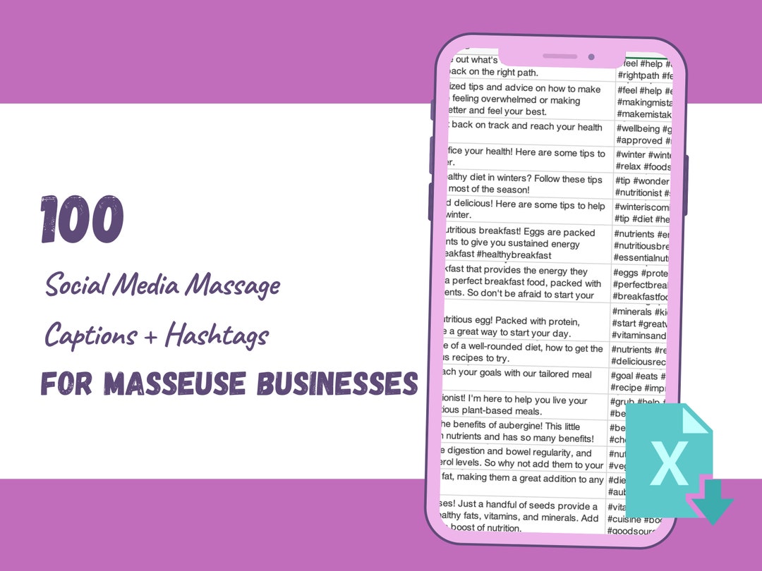 100 Social Media Captions for Massage Service Excel Worksheet