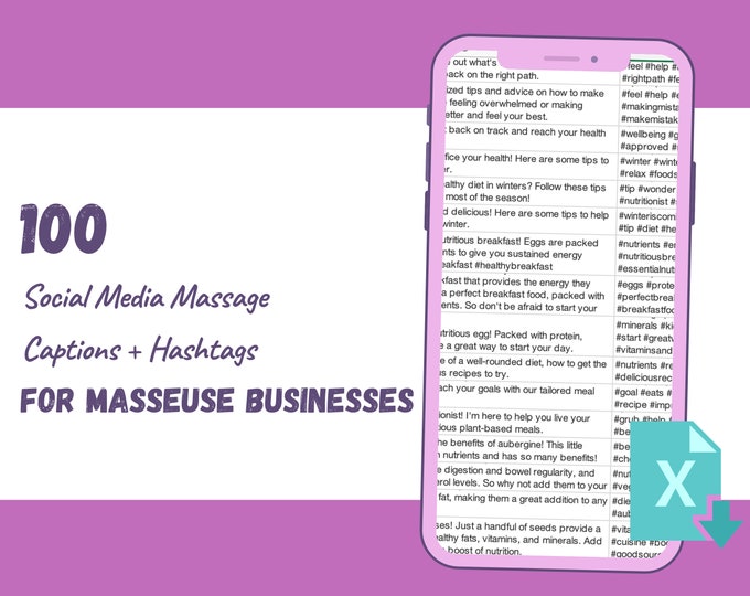 100 Social Media Captions for Massage Service | Excel Worksheet | Inspiration for Engaging Content + Hashtags