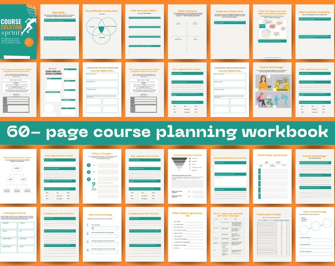 Course creation sprint visual workbook for coach, consultants, small business owner A4/US 8.5 x 11. Print-ready 60 Pages PDF