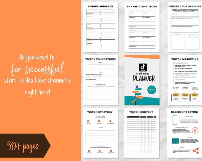 TIktok Planner, TikTok marketing trends planner, A4/US size | 36 Pages Workbook and Guide | Visual, step by step worksheet