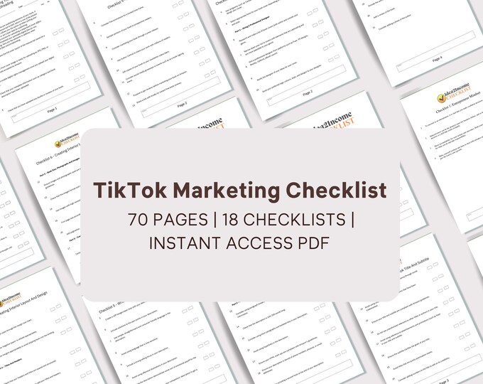x 18 TikTok Marketing Checklist  | 74 Pages | Step-by-step, create a strategy to grow on TikTok.