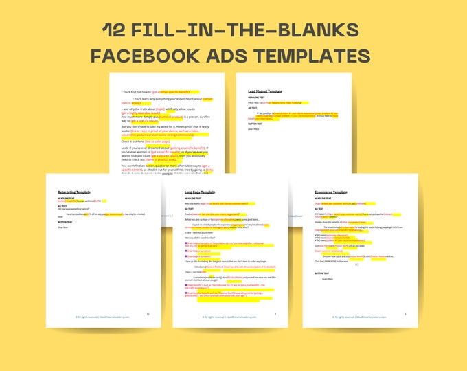 Facebook Ads templates | Done for you | 8 Pre-written script | Long copy, lead magnet, ecommerce, retargeting templates.