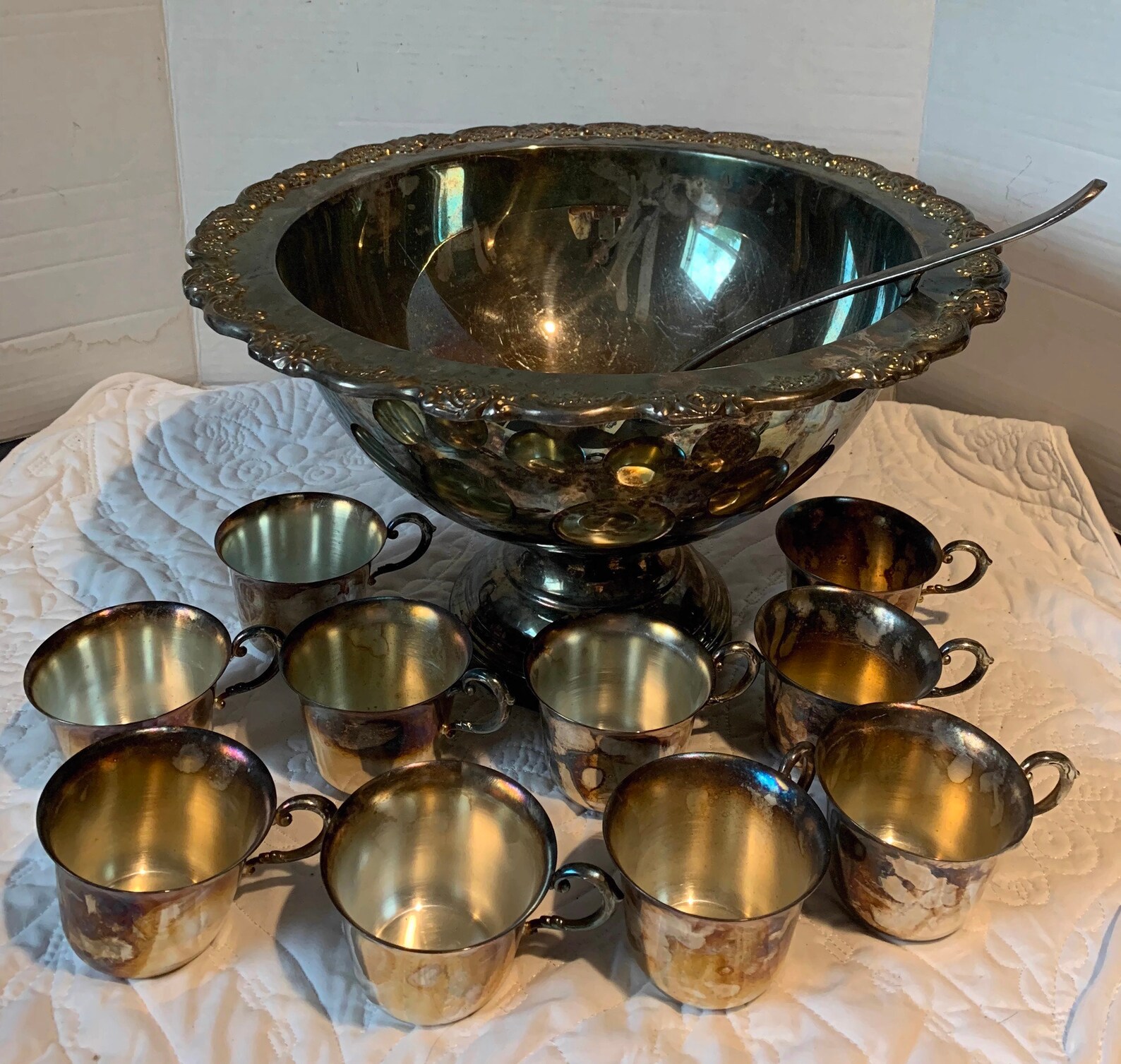 Vintage Silver Plated Ornate Punch Bowl Cups and Ladle Etsy