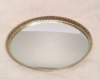 Vintage Mirrored Vanity Tray Brass Filigree