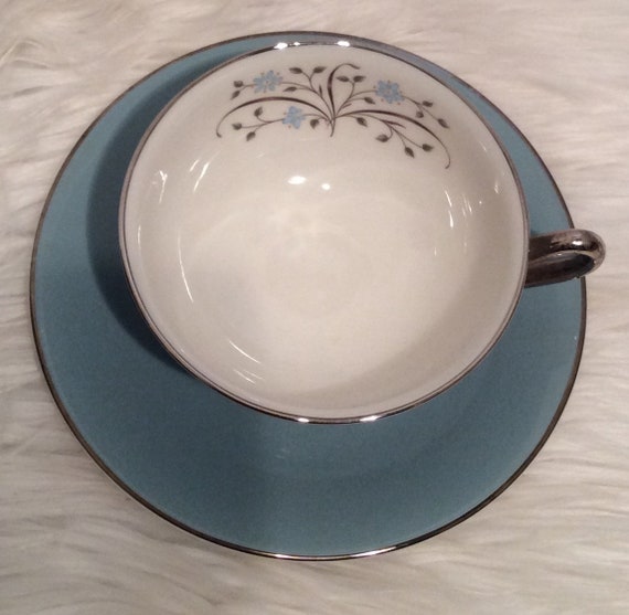 Syracuse China Blue Silver Floral Cups Saucers Set Of 7 Etsy
