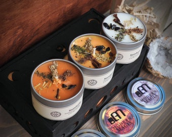 Samhain 2 oz Collection Soy Candle Tin | Herb Dressed Candles | Wiccan Autumn Ritual | Pagan Witchcraft Metaphysical Supplies | Witch Kit