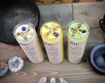 Vela de pilar ritual Imbolc / 16 oz de cera de soja, amatista y hierbas, vela de oración wiccana