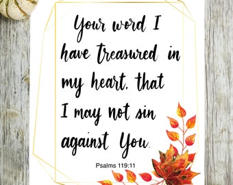 Salmi 119:11, Citazione di stampa di versetti della Bibbia, Arte della parete delle Scritture, Ebraico, Israele, Stampe delle Scritture stampabili