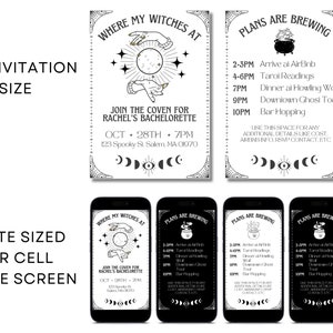 May include: A black and white printable invitation for a hen party with a witch theme. The invitation says "Where My Witches At" and "Plans Are Brewing". The invitation includes a date, time, and location. The invitation also includes a list of activities for the party.