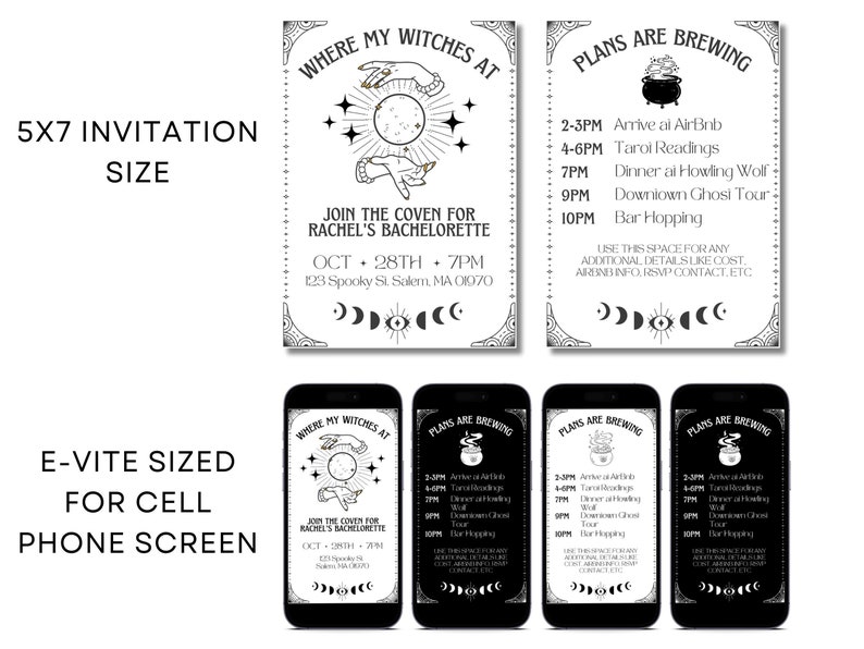 May include: A black and white printable invitation for a hen party with a witch theme. The invitation says "Where My Witches At" and "Plans Are Brewing". The invitation includes a date, time, and location. The invitation also includes a list of activities for the party.