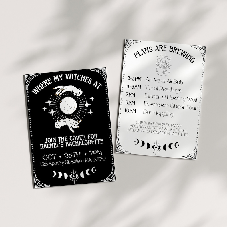 May include: Two black and white printable invitations for a bachelorette party with a witch theme. The first invitation says "Where my witches at" with a moon and hands holding it. The second invitation says "Plans are brewing" with a cauldron and a list of activities.
