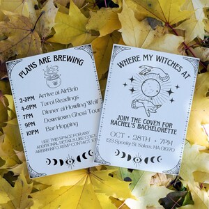 May include: Two white cards with black text and illustrations. The first card says "Plans are brewing" and lists a schedule of events for a hen party. The second card says "Where my witches at" and includes the date, time, and location for the event. Both cards have a crescent moon and star design.