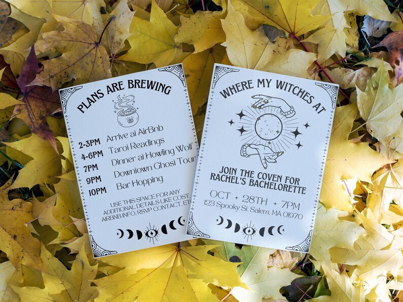 May include: Two white cards with black text and illustrations. The first card says "Plans are brewing" and lists a schedule of events for a hen party. The second card says "Where my witches at" and includes the date, time, and location for the event. Both cards have a crescent moon and star design.