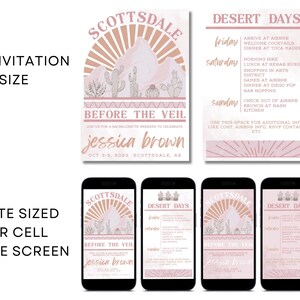 May include: A pink and brown invitation for a bachelorette party in Scottsdale, Arizona. The invitation features a desert landscape with a sunset and cacti. The text reads "Scottsdale Desert Days Before the Veil Jessica Brown Oct 3-8, 2023 Scottsdale, AZ".