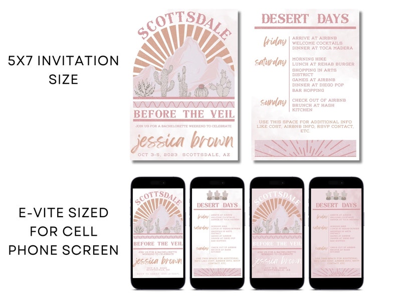 May include: A pink and brown invitation for a bachelorette party in Scottsdale, Arizona. The invitation features a desert landscape with a sunset and cacti. The text reads "Scottsdale Desert Days Before the Veil Jessica Brown Oct 3-8, 2023 Scottsdale, AZ".