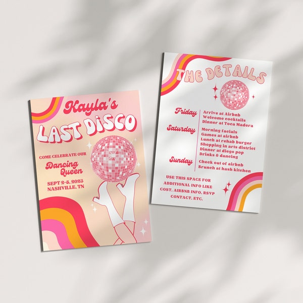 Last Disco Bachelorette Editable Invite Itinerary, Last Disco Invitation Template, Dancing Queen Bachelorette Party, Disco Bridal Shower