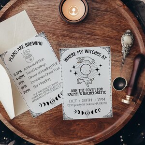 May include: Two black and white printable cards for a hen party. The first card has a list of activities for the day, including tarot readings, dinner, and a ghost tour. The second card has a witchy design with the text "Where my witches at" and "Join the coven for Rachel's Hen Party".
