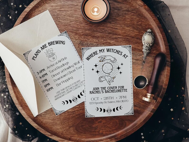 May include: Two black and white printable cards for a hen party. The first card has a list of activities for the day, including tarot readings, dinner, and a ghost tour. The second card has a witchy design with the text "Where my witches at" and "Join the coven for Rachel's Hen Party".