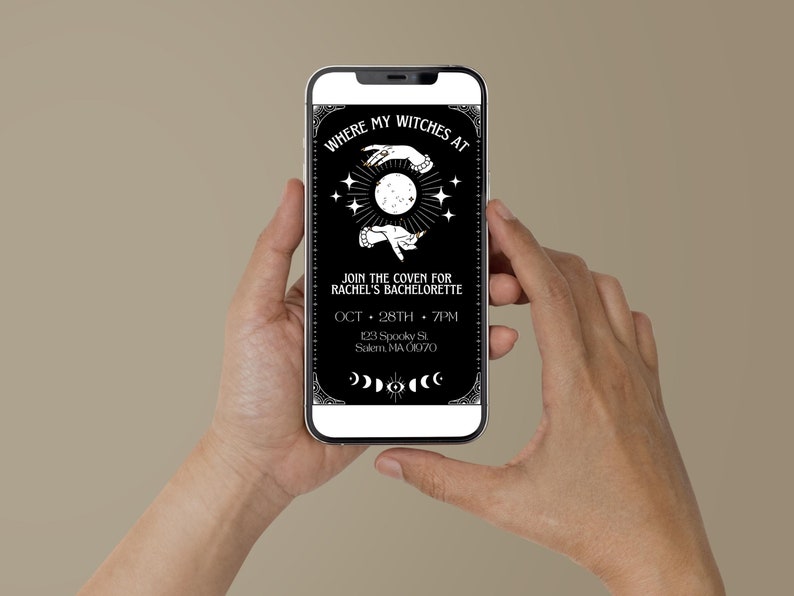 May include: A black and white mobile phone screen displaying a witch-themed hen party invitation. The invitation reads "Where my witches at" and includes details about the event, such as the date, time, and location. The invitation features a graphic of two hands holding a crescent moon.
