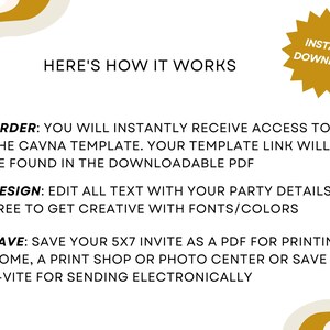 May include: A graphic with a gold star and the text "Instant Download" on a white background. The graphic also includes three numbered steps for creating a 5x7 invitation: 1. Order, 2. Design, and 3. Save. Each step is described in detail.