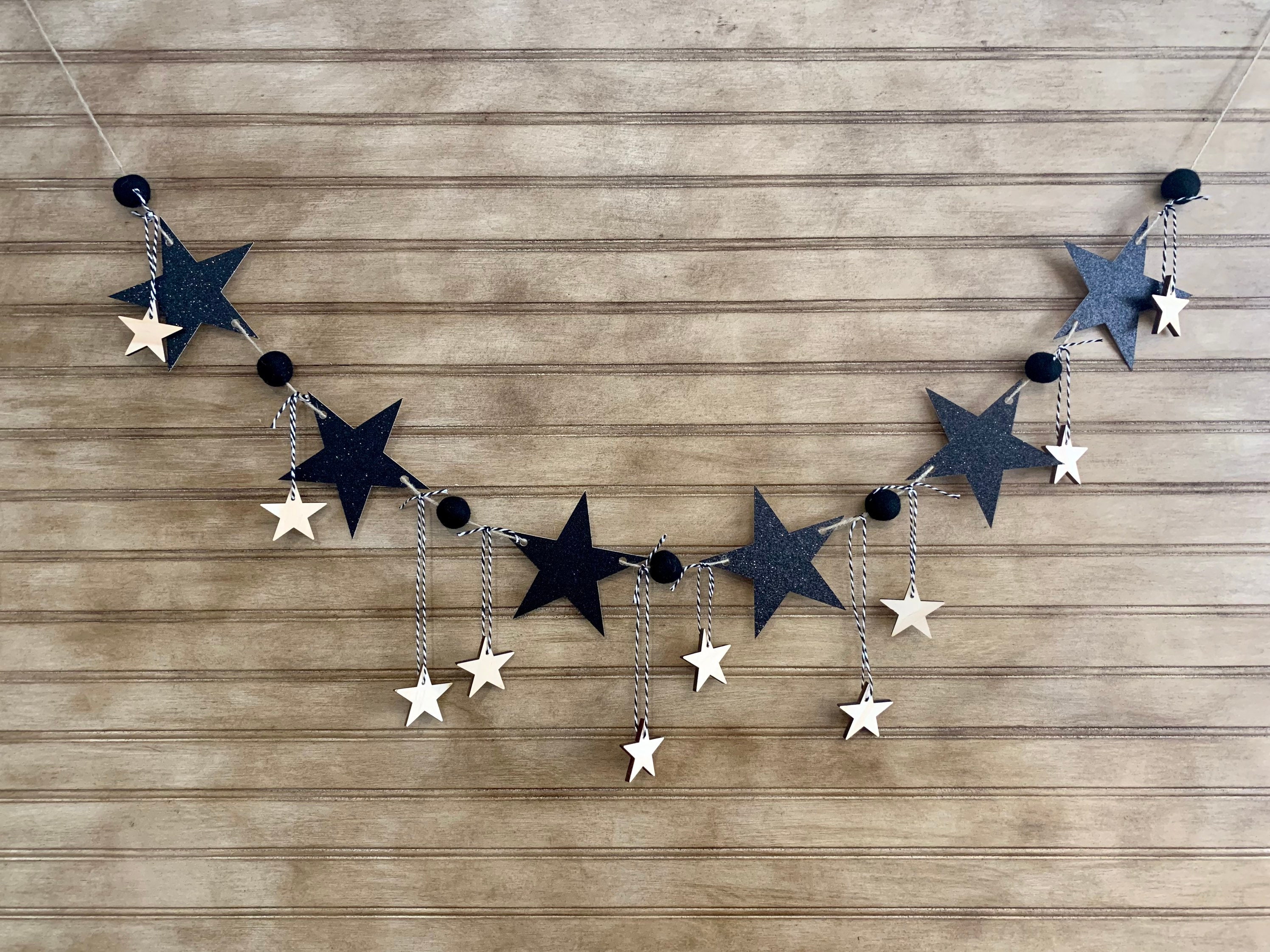 Glitter Star Garland with Felt Balls Wood Stars and Etsy