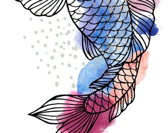 Watercolor, Koi Fish, Japanese Wall Art, Japan, Tokyo, Kyoto, Osaka, JPEG, PDF, Wall Art, Digital Print, Modern Art