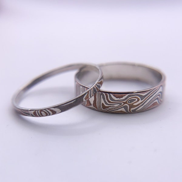 Mokume Gane Pine Pattern Matching Rings, Wedding Set, Argentium Silver & Copper, Patterned Thin Rings, Simple Promise or Engagement Rings