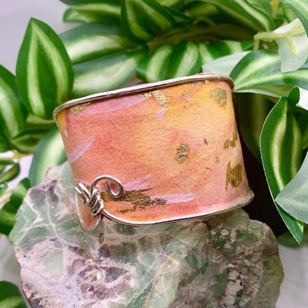 Handmade Watercolor Cuff, Pink and Orange, Gold Leaf, Silver and Copper Wire, Flexible and Lightweight Art Bracelet, Customizable Pieces