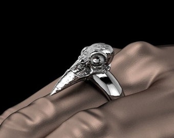 Puede incluir: Un anillo plateado con un diseño de calavera de pájaro. La banda del anillo es lisa y pulida, mientras que la calavera tiene detalles intrincados. El anillo se muestra en una mano sobre un fondo oscuro, resaltando su diseño único.