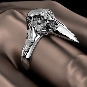 Sterling Silver Crow Ring, Flower Raven Skull, Oxidized and Antiqued Rings, Unique and Gothic Inspired
