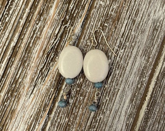 Milky White Opal and Blue Earrings