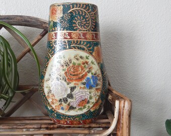 472G Floral Relief Vintage Double Handle Bud Vase Gilded Porcelain