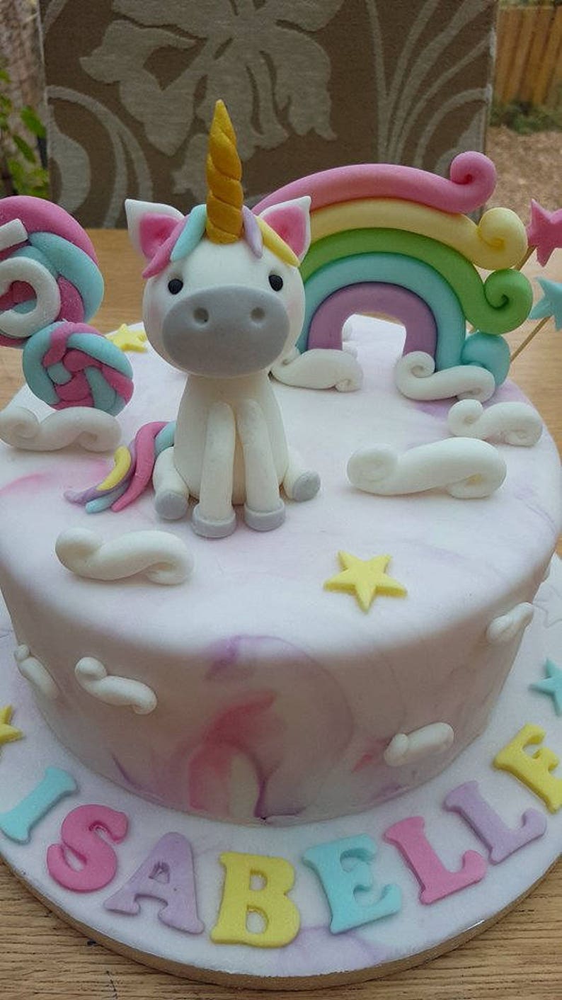 handmade edible fondant unicorn cake topper set with name