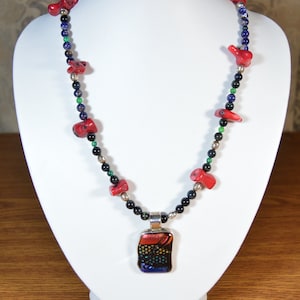 SS Dichroic Glass Pendant Necklace Sponge Coral Sodalite Dark Blue Hawk&#39;s Eye Tigereye Navajo Bench Beads