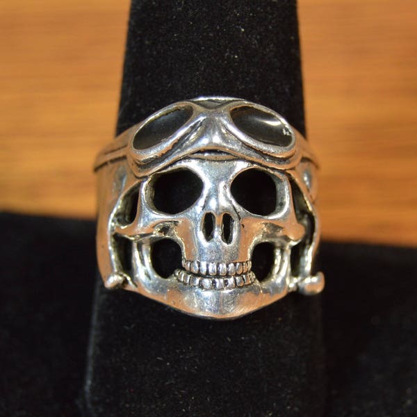 Size 10 12 13 14 G&S Vintage  Skull Aviator Pilot Goggles Biker Ring Day of the Dead  Skeleton Motorcycle USA MADE