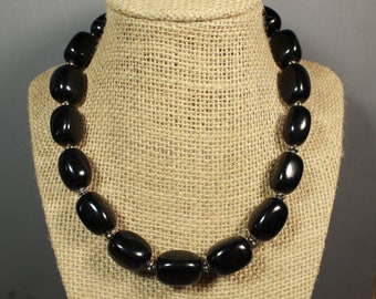 NOS Vintage Barse Chunky Black Onyx SS Beads  Necklace Choker