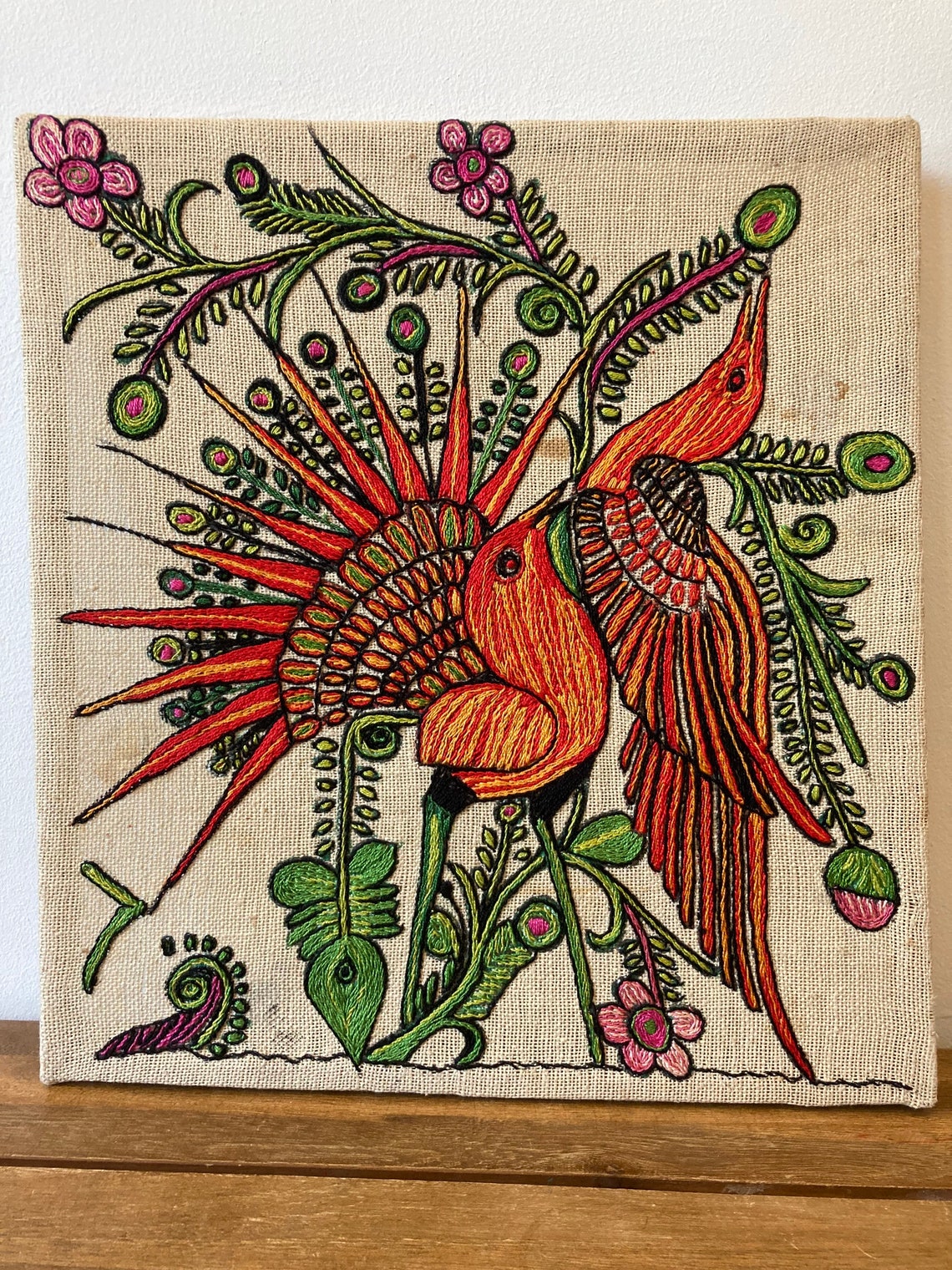 Crewel Embroidery on burlap stretched birds Central America Etsy