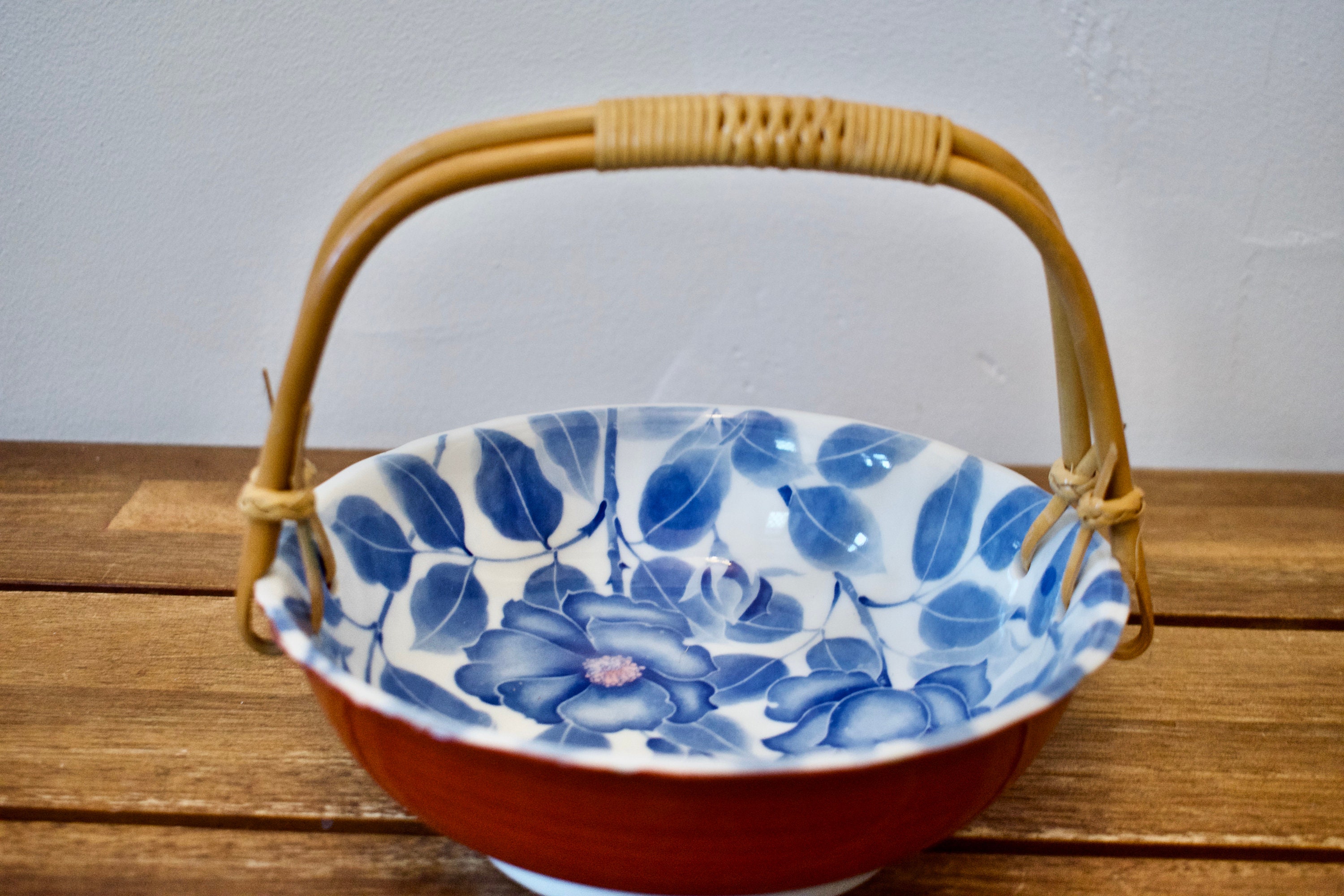 Takahashi bowl with Bamboo handle blue and white floral Etsy