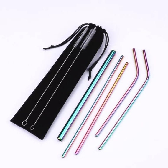 8 Piece Reusable Metal Straw Set, Reusable Straw Set With Accessories,  Rainbow Reusable Straws, Travel Straw Set, Straw Cleaner, Large Straw 