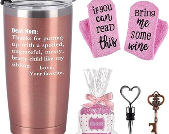 Mother's Day Birthday Wine Gift Set for Mom Mother Mommy, Dear Mom Thanks for Putting up with a Spoiled Stainless Steel Insulated Travel Tum