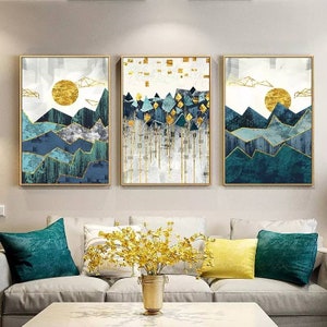 Nordic Abstract Geometric Mountain Landscape Wall Art, Canvas Painting, Golden Sun Art Poster, Print Wall Picture for Living Room