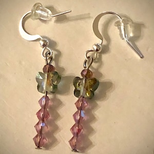 Pink Swarovski and dark rainbow butterfly earrings - dangle drop earrings - butterfly earrings