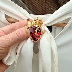 Anatomical Heart Brooch, Gold Red Crystal Heart Pin, Gothic Victorian Style Jewellery,Vintage Style
