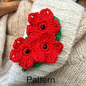 Könnte beinhalten: Nahaufnahme einer gehäkelten Blumenbrosche mit drei leuchtend roten Blüten mit schwarzen Zentren und grünen Blättern. Die Brosche ist an einem cremefarbenen Pullover befestigt. Das Wort "Pattern" ist sichtbar.