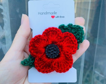Hand crochet Red poppy brooch with leaf safety pin back