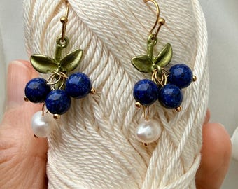 Blueberry dark blue berry Drop Earrings | Gold Leaf | Cottagecore Jewellery