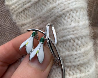 Snowdrop Flower Brooch White Enamel Spring Flower Jewelry Botanical Gift Gardener Nature Lover