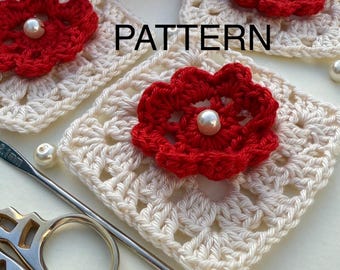 Granny Square Crochet Pattern: 3D Rose Applique (PDF Digital Download)