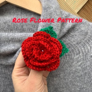 バラの花の簡単なPDFかぎ針編みパターンの即時ダウンロード、バラのブローチまたはアップリケのかぎ針編みの手順